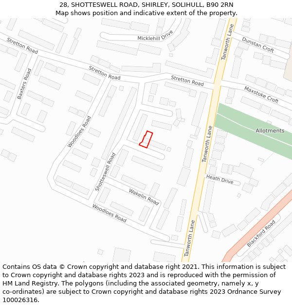 28, SHOTTESWELL ROAD, SHIRLEY, SOLIHULL, B90 2RN: Location map and indicative extent of plot