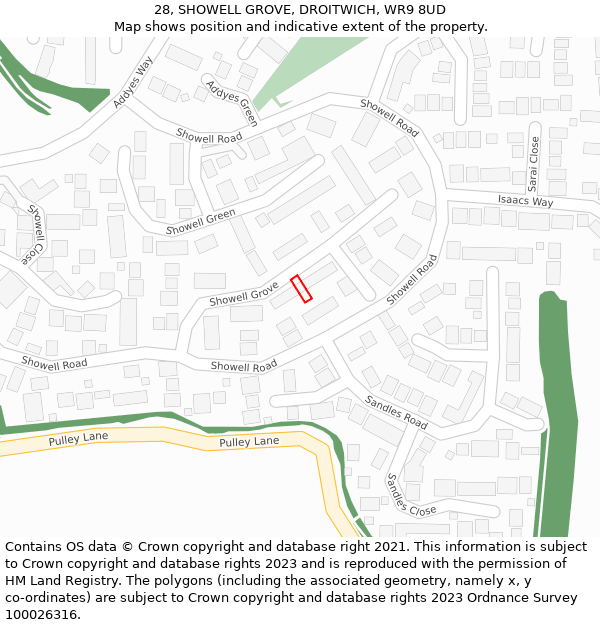 28, SHOWELL GROVE, DROITWICH, WR9 8UD: Location map and indicative extent of plot