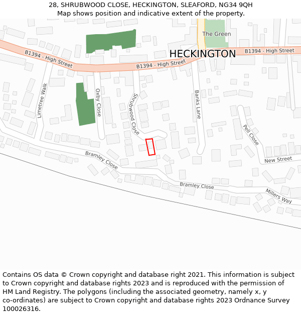 28, SHRUBWOOD CLOSE, HECKINGTON, SLEAFORD, NG34 9QH: Location map and indicative extent of plot