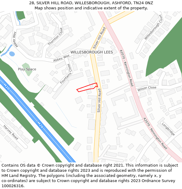 28, SILVER HILL ROAD, WILLESBOROUGH, ASHFORD, TN24 0NZ: Location map and indicative extent of plot