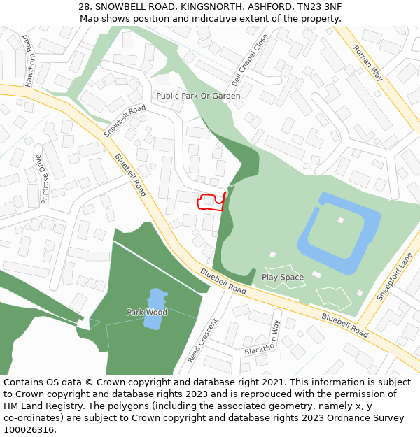 28, SNOWBELL ROAD, KINGSNORTH, ASHFORD, TN23 3NF: Location map and indicative extent of plot