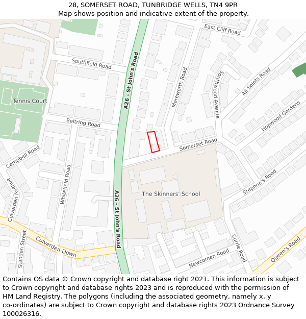 28, SOMERSET ROAD, TUNBRIDGE WELLS, TN4 9PR: Location map and indicative extent of plot