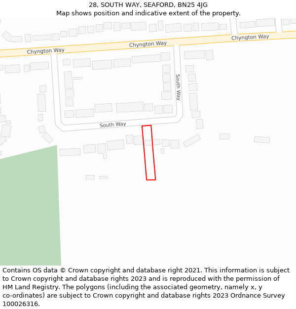 28, SOUTH WAY, SEAFORD, BN25 4JG: Location map and indicative extent of plot