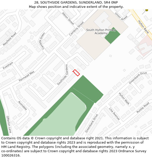 28, SOUTHSIDE GARDENS, SUNDERLAND, SR4 0NP: Location map and indicative extent of plot