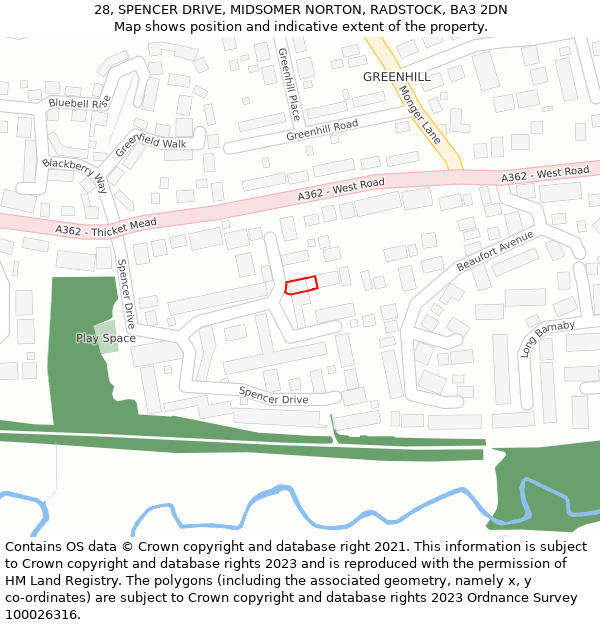 28, SPENCER DRIVE, MIDSOMER NORTON, RADSTOCK, BA3 2DN: Location map and indicative extent of plot