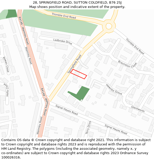 28, SPRINGFIELD ROAD, SUTTON COLDFIELD, B76 2SJ: Location map and indicative extent of plot