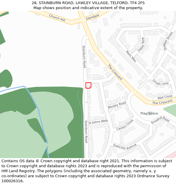 28, STAINBURN ROAD, LAWLEY VILLAGE, TELFORD, TF4 2FS: Location map and indicative extent of plot