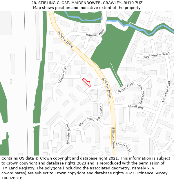 28, STIRLING CLOSE, MAIDENBOWER, CRAWLEY, RH10 7UZ: Location map and indicative extent of plot