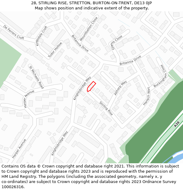28, STIRLING RISE, STRETTON, BURTON-ON-TRENT, DE13 0JP: Location map and indicative extent of plot