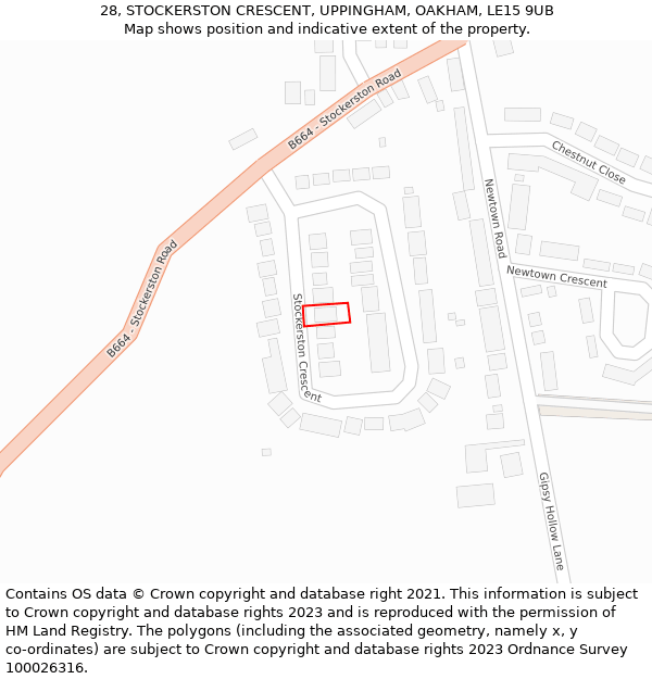 28, STOCKERSTON CRESCENT, UPPINGHAM, OAKHAM, LE15 9UB: Location map and indicative extent of plot