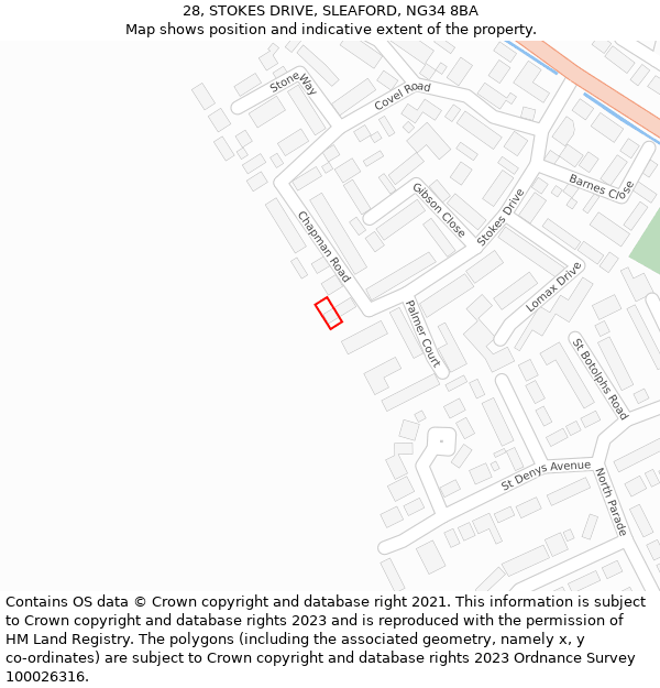 28, STOKES DRIVE, SLEAFORD, NG34 8BA: Location map and indicative extent of plot