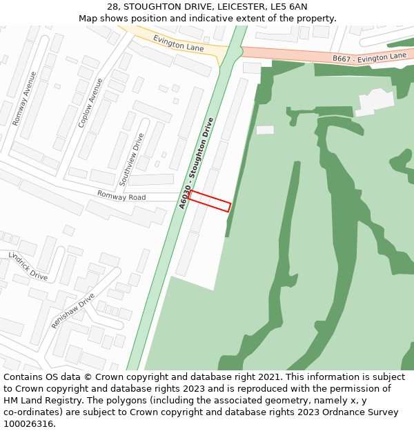 28, STOUGHTON DRIVE, LEICESTER, LE5 6AN: Location map and indicative extent of plot