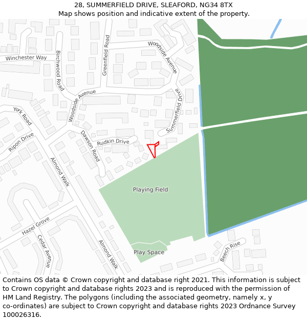 28, SUMMERFIELD DRIVE, SLEAFORD, NG34 8TX: Location map and indicative extent of plot