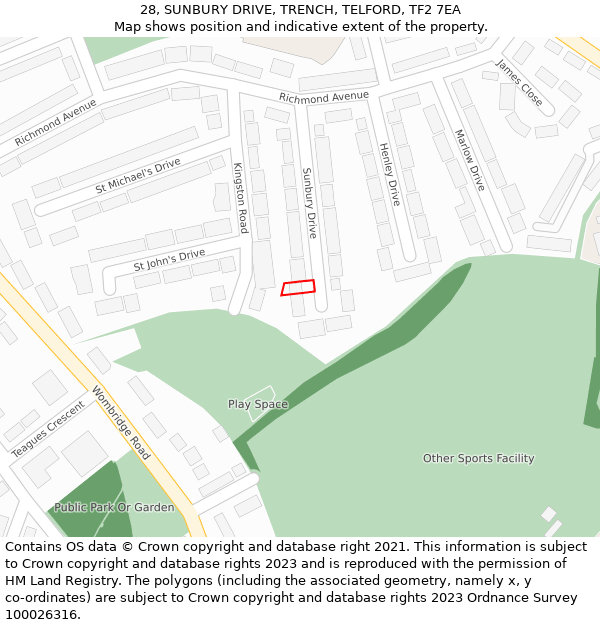 28, SUNBURY DRIVE, TRENCH, TELFORD, TF2 7EA: Location map and indicative extent of plot
