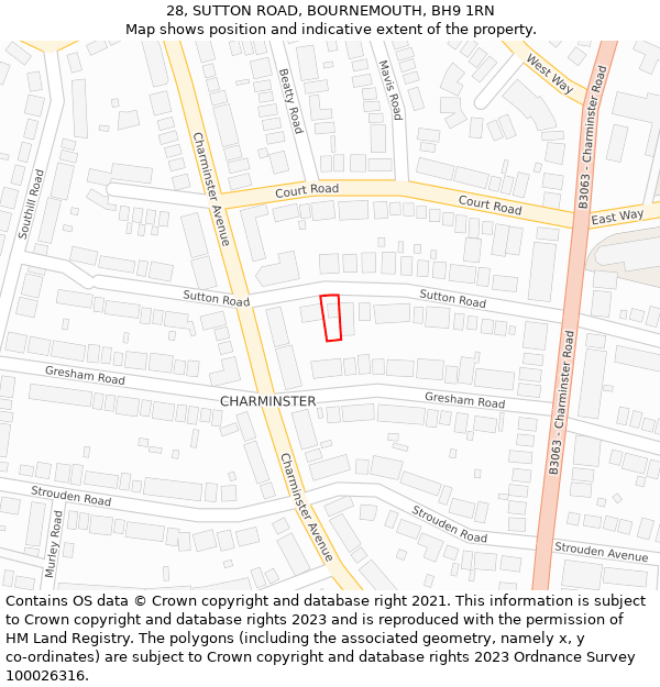28, SUTTON ROAD, BOURNEMOUTH, BH9 1RN: Location map and indicative extent of plot