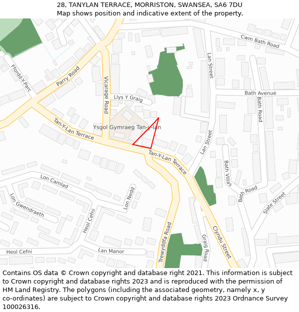 28, TANYLAN TERRACE, MORRISTON, SWANSEA, SA6 7DU: Location map and indicative extent of plot