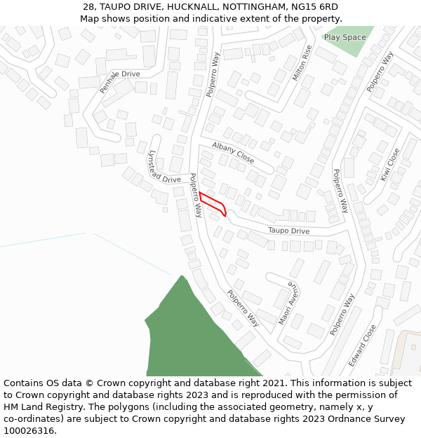 28, TAUPO DRIVE, HUCKNALL, NOTTINGHAM, NG15 6RD: Location map and indicative extent of plot