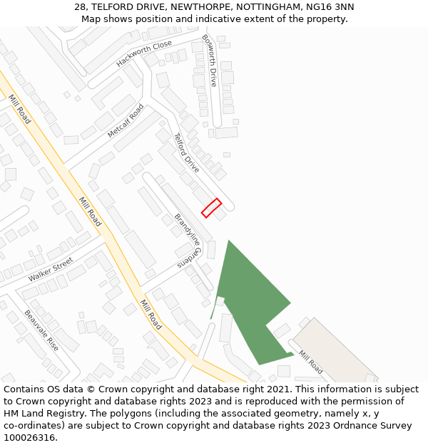 28, TELFORD DRIVE, NEWTHORPE, NOTTINGHAM, NG16 3NN: Location map and indicative extent of plot