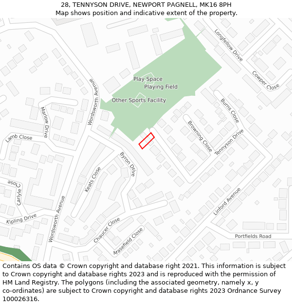 28, TENNYSON DRIVE, NEWPORT PAGNELL, MK16 8PH: Location map and indicative extent of plot