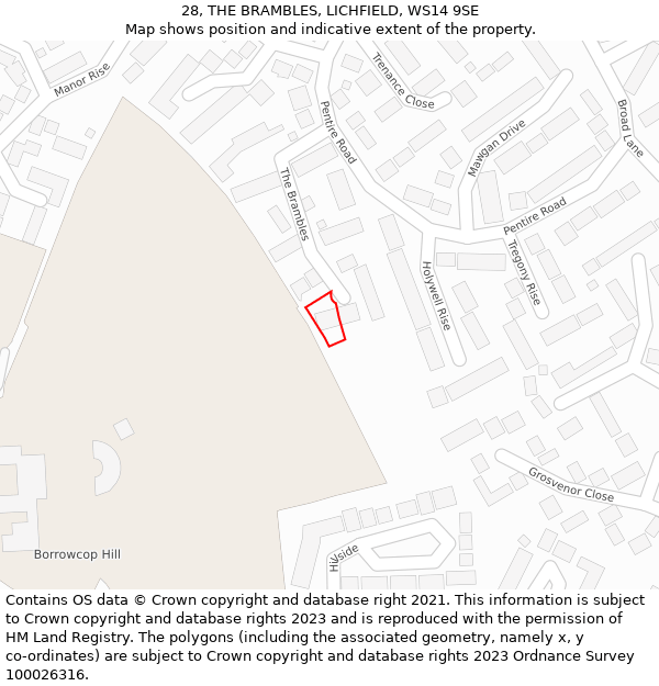28, THE BRAMBLES, LICHFIELD, WS14 9SE: Location map and indicative extent of plot