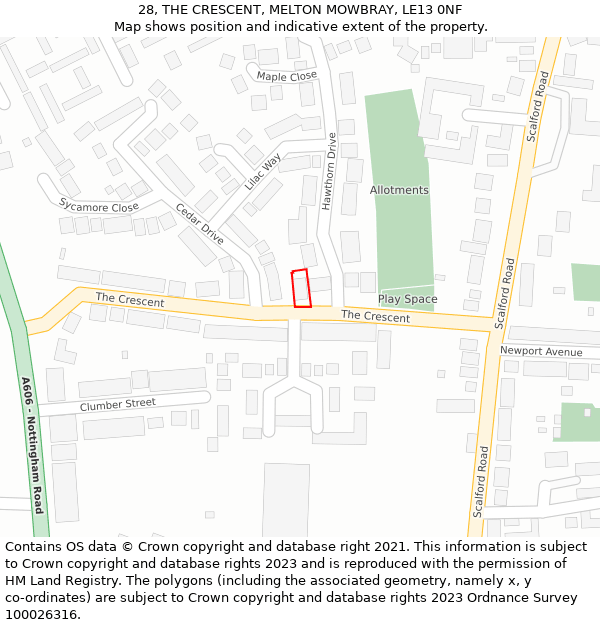 28, THE CRESCENT, MELTON MOWBRAY, LE13 0NF: Location map and indicative extent of plot