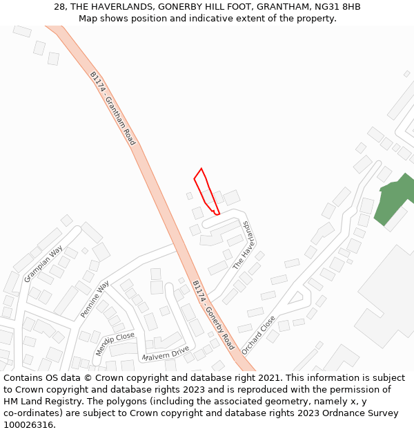 28, THE HAVERLANDS, GONERBY HILL FOOT, GRANTHAM, NG31 8HB: Location map and indicative extent of plot