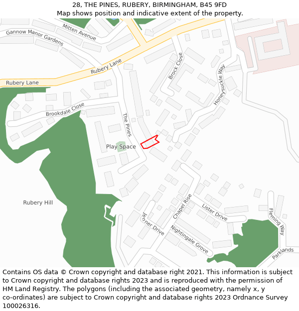 28, THE PINES, RUBERY, BIRMINGHAM, B45 9FD: Location map and indicative extent of plot