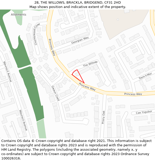 28, THE WILLOWS, BRACKLA, BRIDGEND, CF31 2HD: Location map and indicative extent of plot