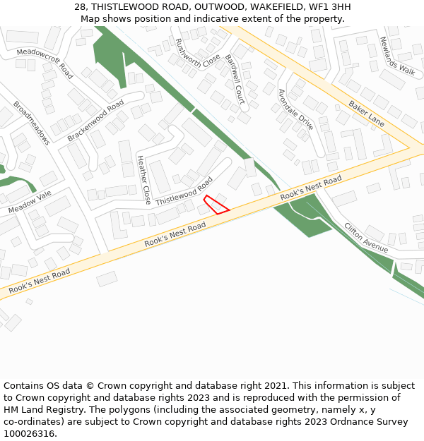 28, THISTLEWOOD ROAD, OUTWOOD, WAKEFIELD, WF1 3HH: Location map and indicative extent of plot