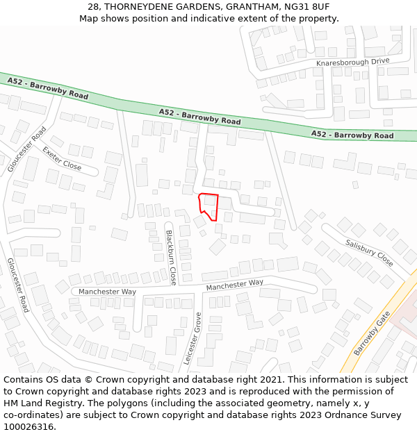 28, THORNEYDENE GARDENS, GRANTHAM, NG31 8UF: Location map and indicative extent of plot