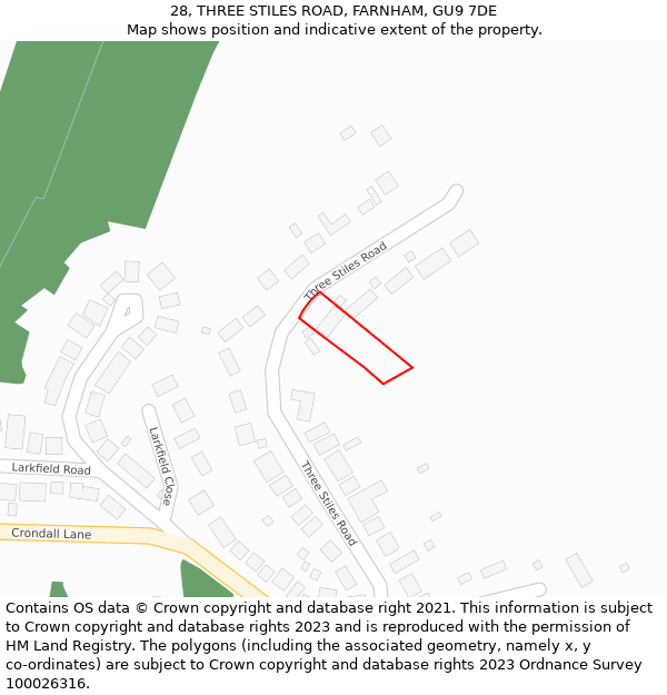 28, THREE STILES ROAD, FARNHAM, GU9 7DE: Location map and indicative extent of plot