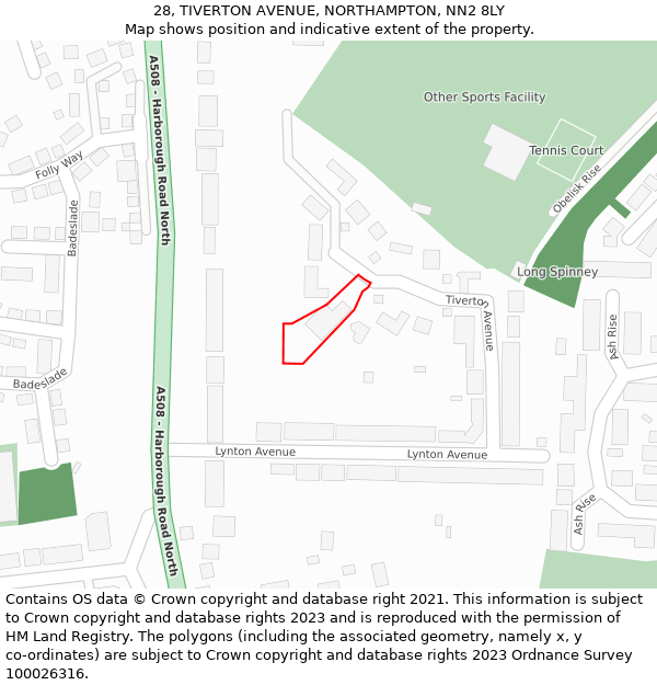 28, TIVERTON AVENUE, NORTHAMPTON, NN2 8LY: Location map and indicative extent of plot