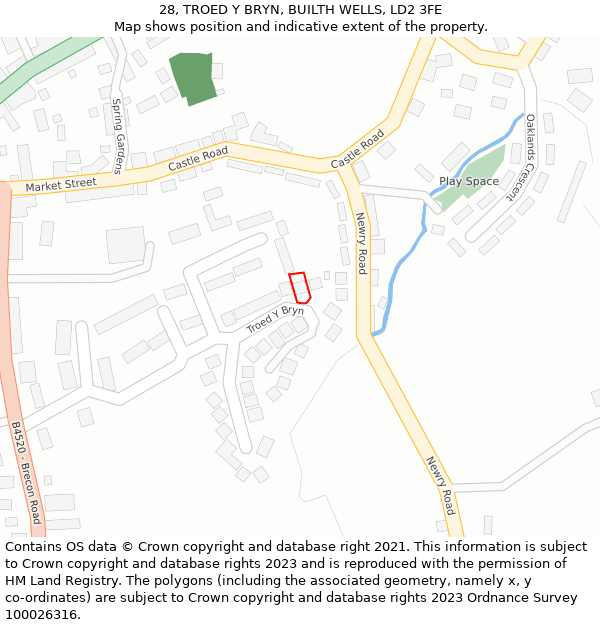 28, TROED Y BRYN, BUILTH WELLS, LD2 3FE: Location map and indicative extent of plot