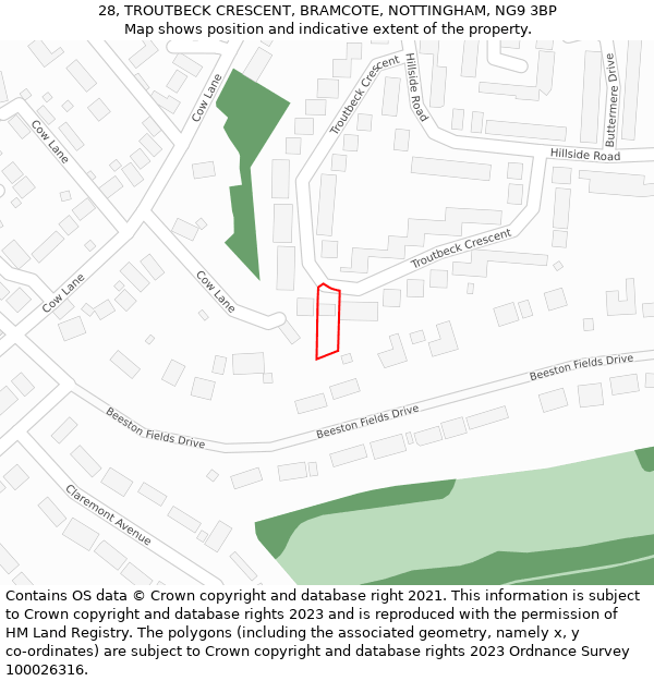 28, TROUTBECK CRESCENT, BRAMCOTE, NOTTINGHAM, NG9 3BP: Location map and indicative extent of plot