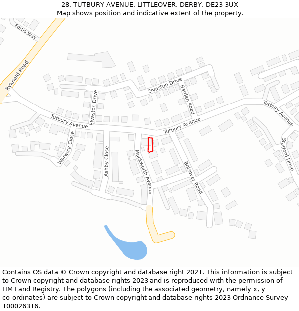 28, TUTBURY AVENUE, LITTLEOVER, DERBY, DE23 3UX: Location map and indicative extent of plot