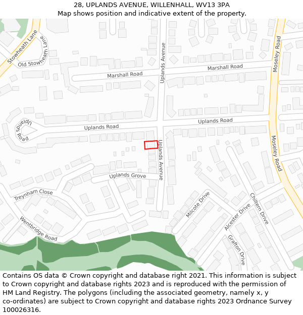 28, UPLANDS AVENUE, WILLENHALL, WV13 3PA: Location map and indicative extent of plot