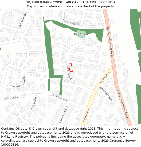 28, UPPER BARN COPSE, FAIR OAK, EASTLEIGH, SO50 8DD: Location map and indicative extent of plot