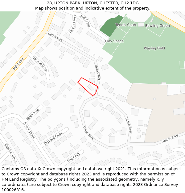 28, UPTON PARK, UPTON, CHESTER, CH2 1DG: Location map and indicative extent of plot