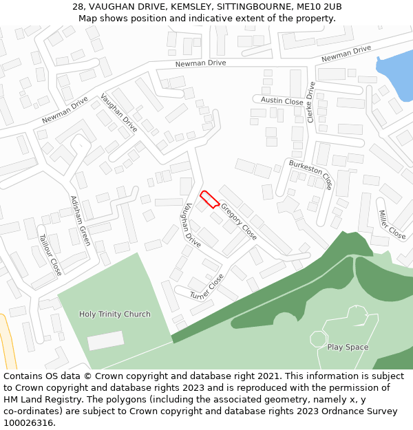 28, VAUGHAN DRIVE, KEMSLEY, SITTINGBOURNE, ME10 2UB: Location map and indicative extent of plot