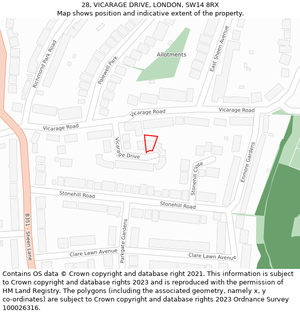 28, VICARAGE DRIVE, LONDON, SW14 8RX: Location map and indicative extent of plot