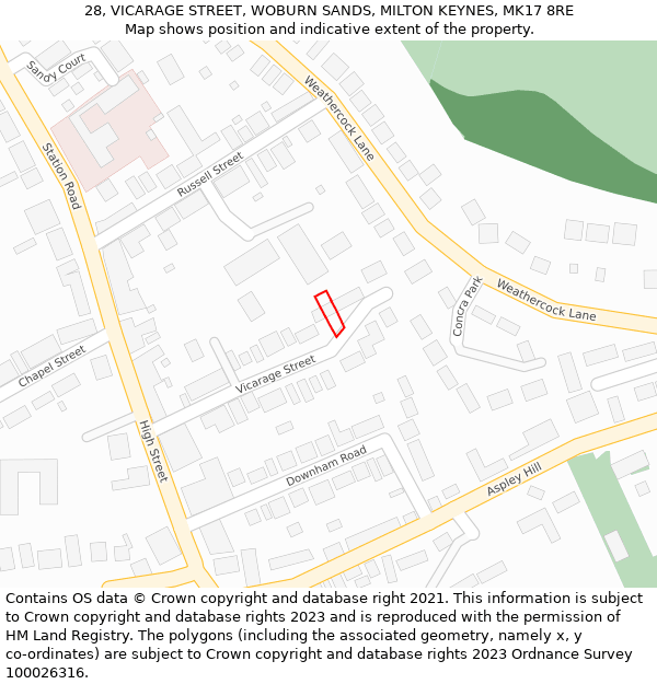 28, VICARAGE STREET, WOBURN SANDS, MILTON KEYNES, MK17 8RE: Location map and indicative extent of plot