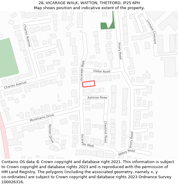 28, VICARAGE WALK, WATTON, THETFORD, IP25 6PH: Location map and indicative extent of plot