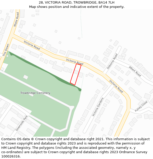 28, VICTORIA ROAD, TROWBRIDGE, BA14 7LH: Location map and indicative extent of plot