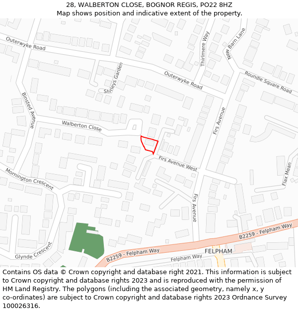 28, WALBERTON CLOSE, BOGNOR REGIS, PO22 8HZ: Location map and indicative extent of plot