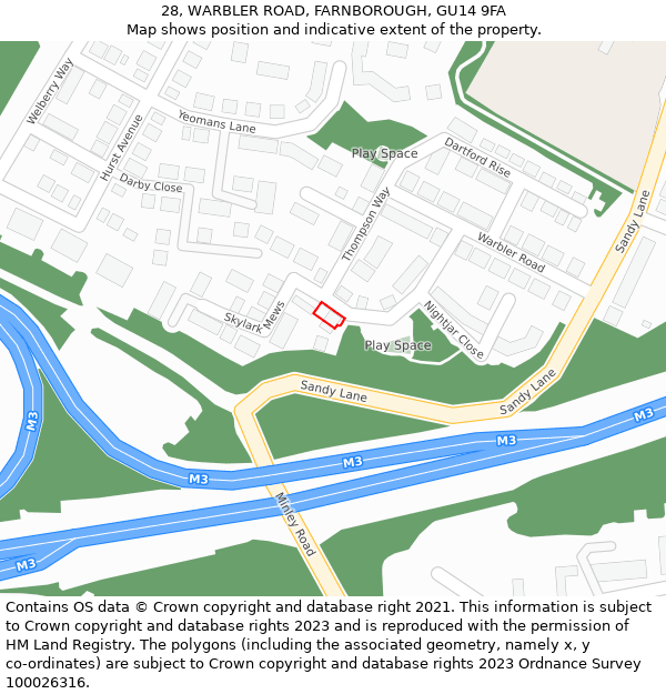 28, WARBLER ROAD, FARNBOROUGH, GU14 9FA: Location map and indicative extent of plot