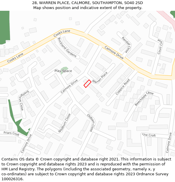 28, WARREN PLACE, CALMORE, SOUTHAMPTON, SO40 2SD: Location map and indicative extent of plot