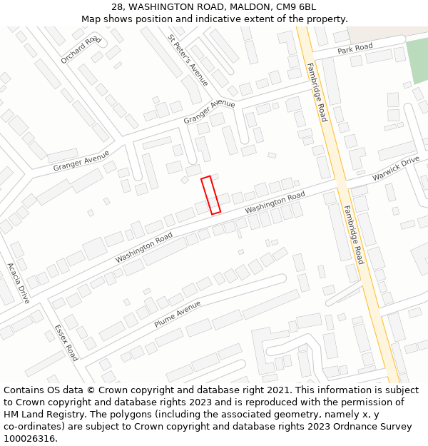 28, WASHINGTON ROAD, MALDON, CM9 6BL: Location map and indicative extent of plot