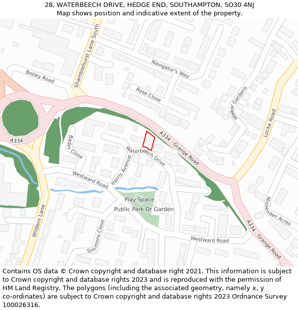 28, WATERBEECH DRIVE, HEDGE END, SOUTHAMPTON, SO30 4NJ: Location map and indicative extent of plot