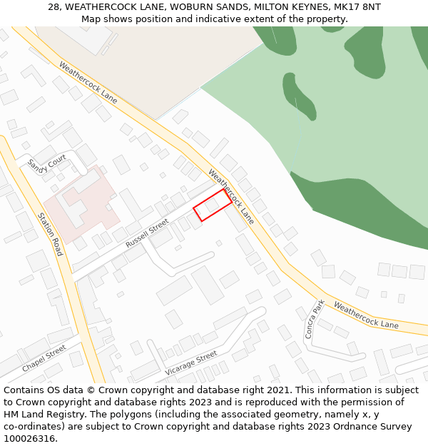 28, WEATHERCOCK LANE, WOBURN SANDS, MILTON KEYNES, MK17 8NT: Location map and indicative extent of plot