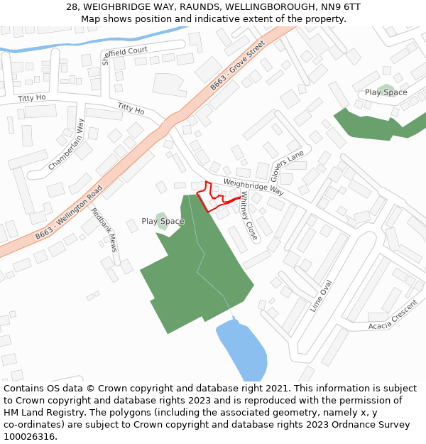 28, WEIGHBRIDGE WAY, RAUNDS, WELLINGBOROUGH, NN9 6TT: Location map and indicative extent of plot